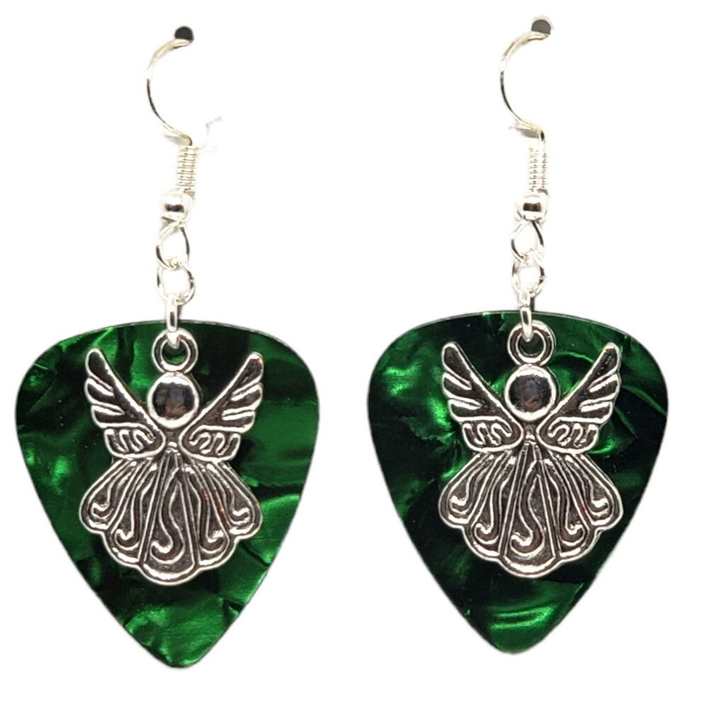 Angel Charm on Guitar Pick Earrings - Choose Color - Handmade in USA